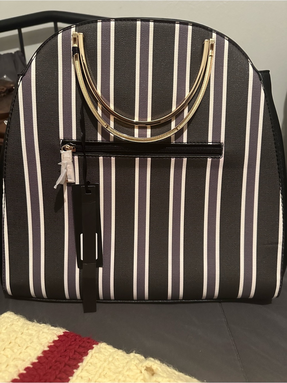 Striped Black and White Dome Tote with Gold Handles
